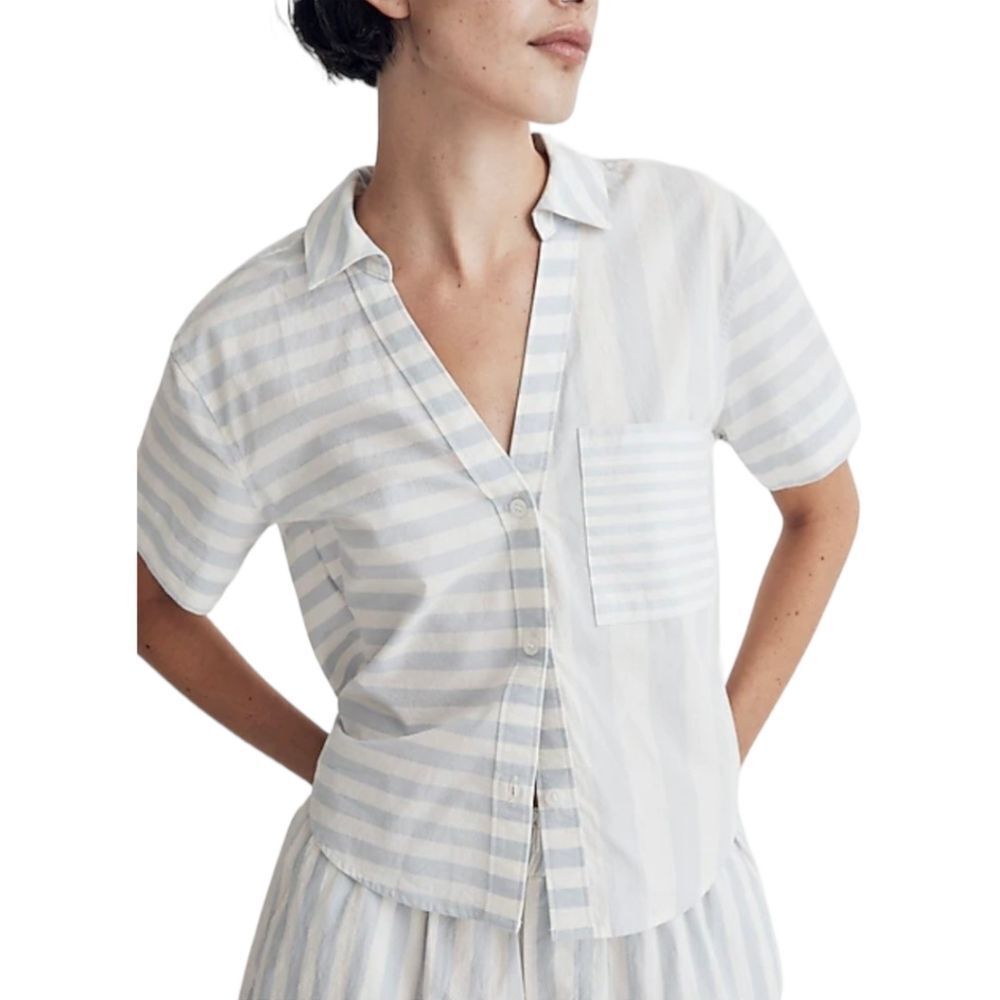 Madewell Cropped Button Up Shirt XS in Weathered Blue Stripe‎ Summer NWT